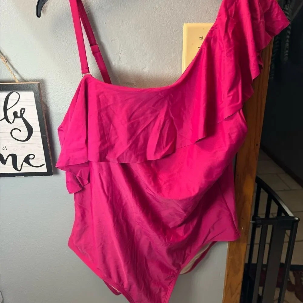 Kona Sol Women's Ruffle One Shoulder One Piece Swimsuit Pink NWT Size 20